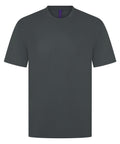 A new, plain dark grey T-shirts short-sleeve crew-neck is shown on a white background, featuring no visible patterns, logos, or graphics.