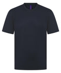 A T-shirt product, featuring a plain navy short-sleeve crew neck design with a purple label inside the collar, is shown on a white background.
