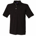 The HB100 by Henbury is a black polo shirt featuring short sleeves and three buttons at the collar.