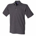 The Henbury HB100 is a dark gray polo shirt featuring short sleeves, a collar, and three buttons on the front.