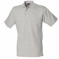 The HB100 by Henbury is a plain light gray polo shirt featuring short sleeves, a collar, and three buttons at the neck, showcased against a simple white background.