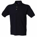 The product is the Henbury HB100, a black short-sleeved polo shirt featuring three buttons and a classic collar, showcased against a white background.
