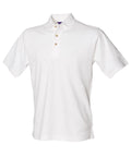 The HB100 by Henbury is a plain white short-sleeve polo shirt featuring a collar and three buttons on the placket.