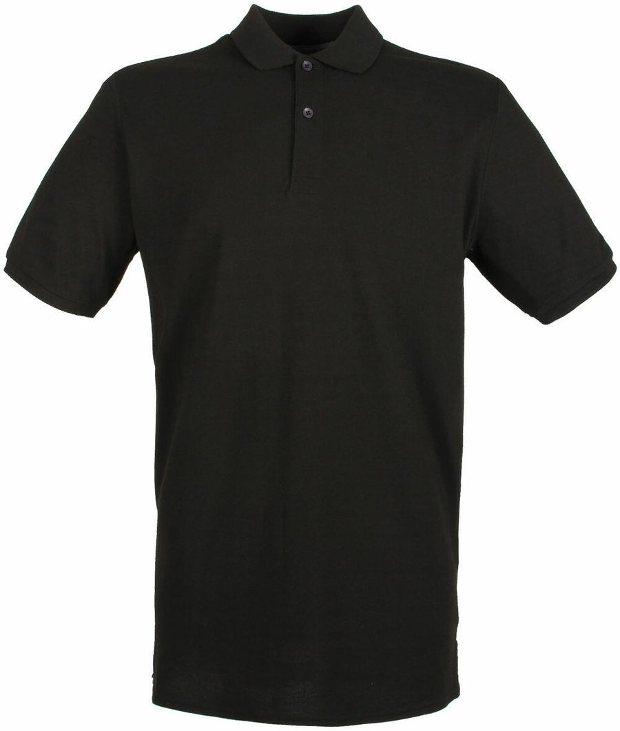 The Henbury HB101 is a plain black polo shirt with short sleeves and a collar, featuring a three-button placket.