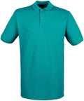 The HB101 by Henbury is a plain teal short-sleeve polo shirt featuring a collar and three buttons.
