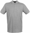 The HB101, a plain gray polo shirt by Henbury, features short sleeves and a collar with a three-button placket down the front. The fabric has a slightly textured appearance, and the shirt is shown against a white background.