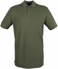 The HB101 by Henbury is a plain olive green polo shirt featuring a classic collar, button-up neckline, short sleeves, and a straight hem.