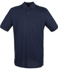HB101 by Henbury: A dark blue short-sleeve polo shirt featuring a three-button placket, showcased against a white background.