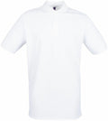 The HB101 by Henbury is a plain white polo shirt featuring short sleeves and a collar. It includes a buttoned placket at the front and seems to be crafted from a lightweight fabric. The image is displayed against a white background.