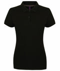Henbury's HB102 is a black short-sleeve polo shirt featuring a collar and a three-button placket, showcased against a plain white background.