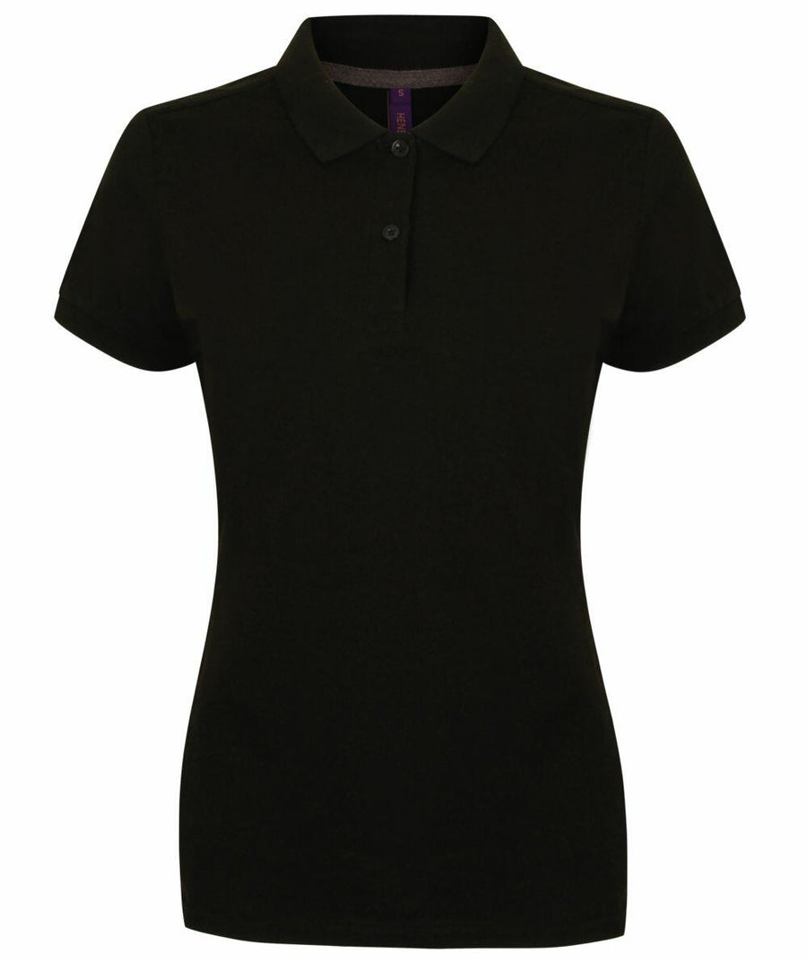 Henbury's HB102 is a black short-sleeve polo shirt featuring a collar and a three-button placket, showcased against a plain white background.