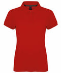 The HB102 from Henbury is a plain red polo shirt featuring a collar and short sleeves.