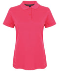 A vibrant pink Henbury HB102 polo shirt featuring short sleeves and a buttoned collar, set against a plain white background.