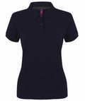 The HB102 by Henbury is a simple, black polo shirt featuring short sleeves and a collar, complemented by a buttoned placket with two visible buttons.