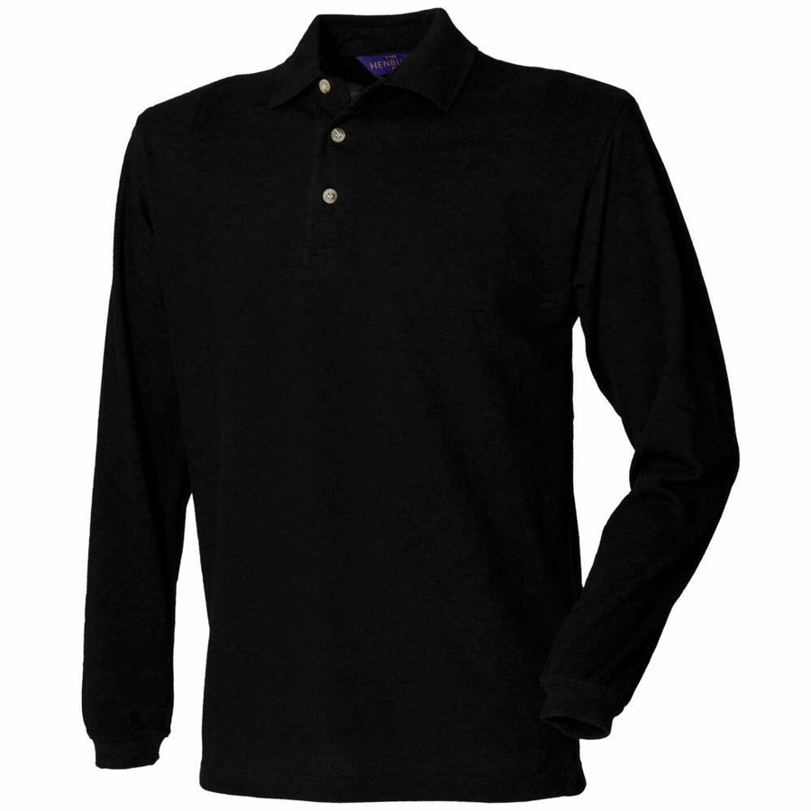 Henbury's HB105 is a black long-sleeve polo shirt featuring a collar and three buttons on the front.