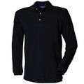 A black HB105 long-sleeve polo shirt with a collar and three buttons by Henbury.