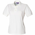 A Henbury HB121 white short-sleeve polo shirt featuring a collar and three buttons, showcased against a plain background.