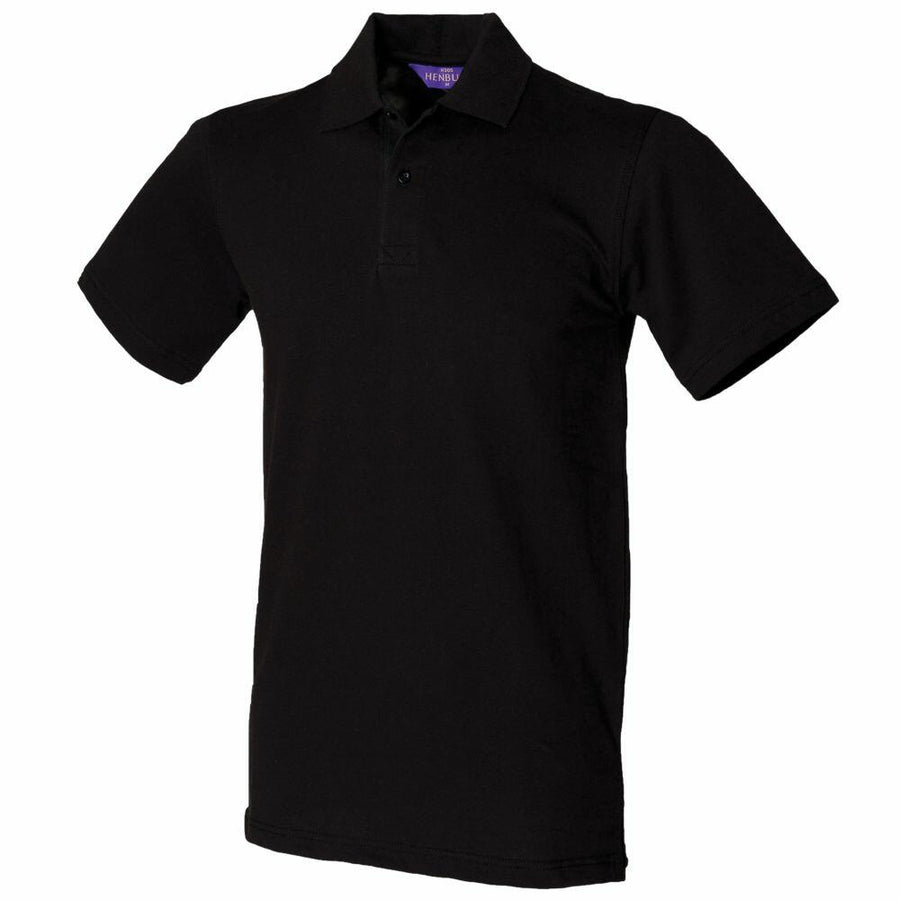 A plain black polo shirt with short sleeves and a collar, from the Henbury brand's HB305 collection, displayed on a white background.
