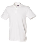 A Henbury HB305 polo shirt in plain white, featuring short sleeves and a collar.