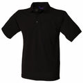 Henbury's HB400 is a black polo shirt featuring short sleeves, a collar, and three front buttons.