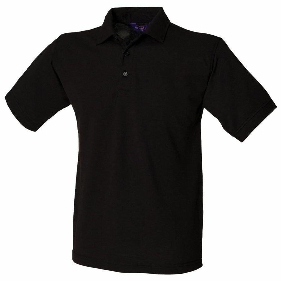 Henbury's HB400 is a black polo shirt featuring short sleeves, a collar, and three front buttons.