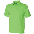 The Henbury HB400 is a vibrant green polo shirt featuring short sleeves and a three-button front.