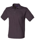 The Henbury HB400 is a dark gray polo shirt featuring short sleeves, a collared neckline, and a buttoned placket, all showcased against a white backdrop.