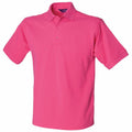 The HB400 by Henbury is a vibrant pink short-sleeve polo shirt featuring a collar and three buttons on the placket, showcased against a plain white background.