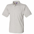 A light gray polo shirt, the HB400 by Henbury, is showcased against a white background. It features short sleeves, a three-button placket, and a classic collar. The shirt's plain design with no visible patterns or logos creates a simple and clean look.