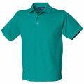 Henbury's HB400 is a green polo shirt featuring short sleeves, a collar, and a three-button placket in a plain design.