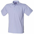A Henbury HB400 polo shirt in light blue, featuring short sleeves and a collar, displayed against a white background. The design includes a buttoned placket with three buttons, showcasing a simple and classic style.