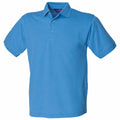 The HB400 polo shirt from Henbury is crafted in a blue cotton fabric, featuring short sleeves, a collar, and a classic three-button front design.