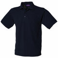 The HB400 by Henbury is a simple black polo shirt featuring short sleeves, a collar, and a three-button placket. The fabric looks lightweight and casual.