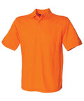 Henbury's HB400 is an orange short-sleeve polo shirt featuring a classic collar and a three-button design, set against a plain white backdrop. The material looks soft and comfortable, perfect for casual wear.