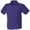 The HB400 by Henbury is a plain purple polo shirt featuring short sleeves and a collar, set against a white background.
