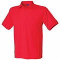 A plain red polo shirt, part of the Henbury collection with product code HB400, featuring short sleeves and a collar, is displayed against a white backdrop. This shirt showcases a simple design completed with three buttons on the placket.