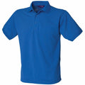 The HB400 from Henbury is showcased against a plain white background. This blue polo shirt features short sleeves, a collar, and a minimalist design with three buttons at the neck.