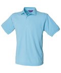 Introducing the HB400 by Henbury: a light blue polo shirt featuring short sleeves and a folded collar. It comes with three buttons at the neckline and showcases a clean, minimalist look with no visible branding or designs.