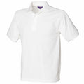 The HB400 by Henbury is a plain white short-sleeve polo shirt featuring a collar and buttoned placket, showcased on a white background.