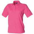 The Henbury HB401 is a pink short-sleeve polo shirt featuring a collar and three buttons on the front.