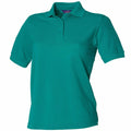 HB401 by Henbury is a green polo shirt featuring short sleeves, a collar, and three buttons on the front.