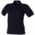 The HB401 by Henbury is a plain black polo shirt with short sleeves and a collar, featuring a three-button placket. The fabric appears to be smooth and slightly fitted, making it suitable for casual or semi-formal wear.