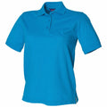 Henbury's HB401 is a bright blue short-sleeve polo shirt featuring a classic collar, three buttons, and a slightly fitted shape, showcased on a white background.