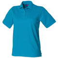 The Henbury HB401 is a bright blue short-sleeve polo shirt featuring a collar and three buttons. Crafted from soft, slightly textured fabric, this shirt is presented against a white background without a visible model.