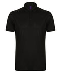 The Henbury HB460 is a plain black polo shirt featuring a collar and buttoned placket, shown against a white background.