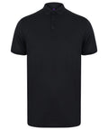 The HB460 by Henbury is a plain black polo shirt featuring short sleeves and a three-button placket, showcased against a white background. The shirt boasts a classic collar and maintains a simple, clean design.
