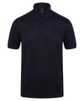 The product, a Henbury HB460 black polo shirt, features short sleeves and a three-button placket. The fabric has a subtle texture, complemented by a small purple tag visible at the collar. The shirt is showcased against a plain white background.