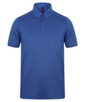 A plain blue polo shirt from Henbury, model HB460, featuring short sleeves, a collar, and a three-button placket. The shirt is displayed on a white background from the front, emphasizing its simple and casual design.