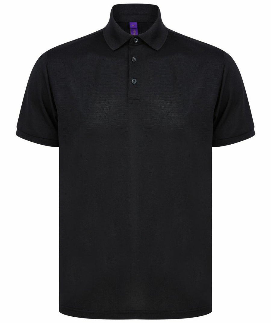 A plain black Henbury HB465 polo shirt featuring a collar and three buttons.