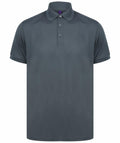 The Henbury HB465 is a simple dark gray polo shirt featuring a collar and three center buttons.
